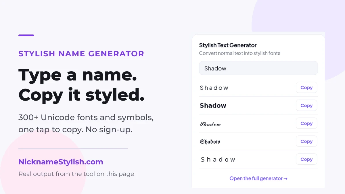 Stylish name generator on NicknameStylish showing one name in five Unicode font styles with copy buttons