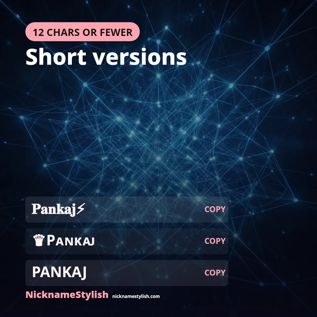 Short Pankaj name versions of 12 characters or fewer